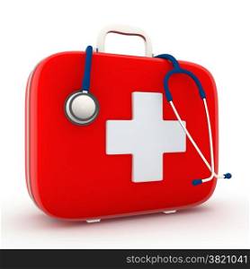 Stethoscope and First Aid Kit isolated - 3D Render