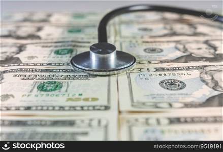 Stethoscope and money. Stethoscope on one dollar bills isolated with copy space, Medical stethoscope on twenty dollar bills isolated, medical health cost concept