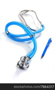 Stethoscope and pen. Isolated over white background.
