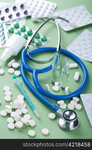 stethoscope and pills