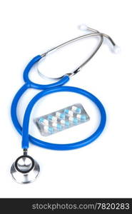 stethoscope and pills isolated