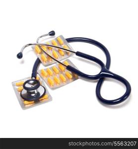 stethoscope and tablets isolated on white background