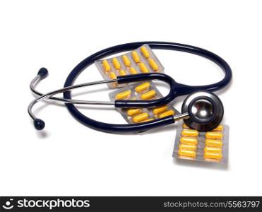 stethoscope and tablets isolated on white background