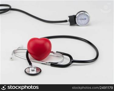 Stethoscope and toy heart. Concept healthcare. Cardiology - care of the heart. cardiology, heart care