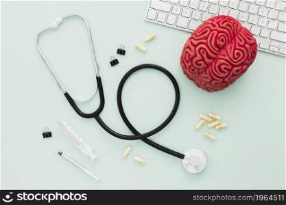 stethoscope brain desk. High resolution photo. stethoscope brain desk. High quality photo