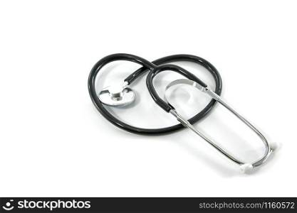 Stethoscope curved into the shape of a heart on white background