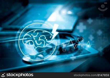 Stethoscope lies on tablet PC and brain white icon medical with hand doctor using laptop working analyzing data. Examination and healthcare business technology network concept. Double exposure . Stethoscope lies on tablet PC and brain white icon medical with hand doctor using laptop working analyzing data. Examination and healthcare business technology network concept. Double exposure