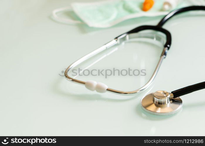 stethoscope mask and medicine, healthcare accessories with copy space on white background