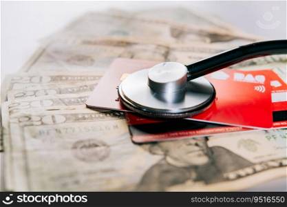 Stethoscope on credit card with dollar bills. Concept of online medical payments with credit card. Stethoscope with bank notes and credit card