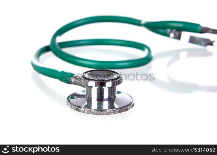 Stethoscope on green with reflective background and isolated on white