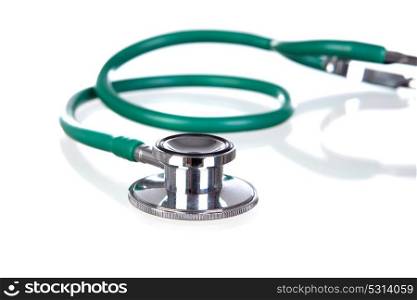 Stethoscope on green with reflective background and isolated on white
