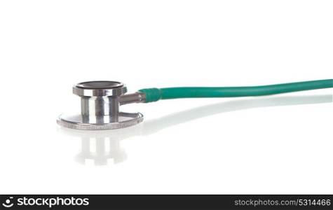Stethoscope on green with reflective background and isolated on white
