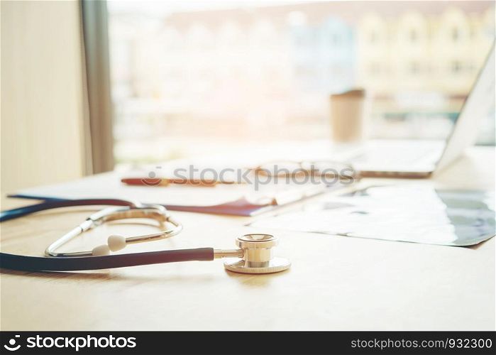 Stethoscope on table in office Doctor Hospital office