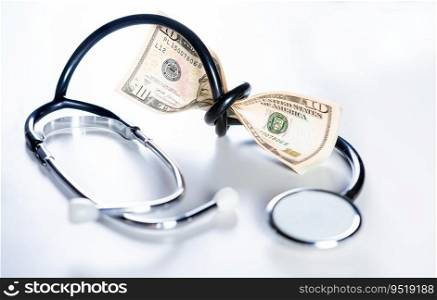 Stethoscope tied with dollar bills. High cost of medical health with stethoscope. Stethoscope wrapped around money isolated