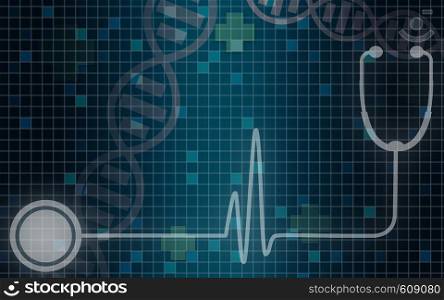 Stethoscope with a heart beat cardiogram,3D rendering