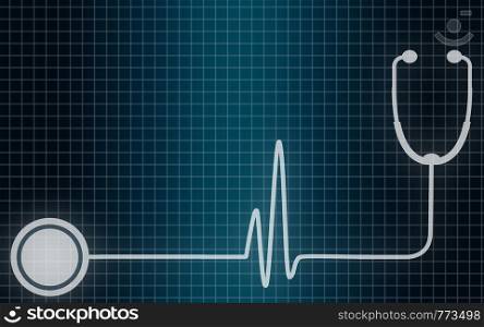 Stethoscope with a heart beat cardiogram,3D rendering