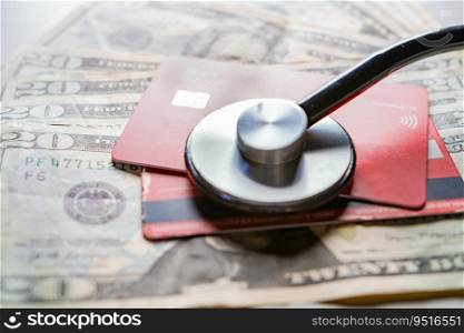 Stethoscope with bank notes and credit card. Stethoscope on credit card with dollar bills, Concept of online medical payments with credit card
