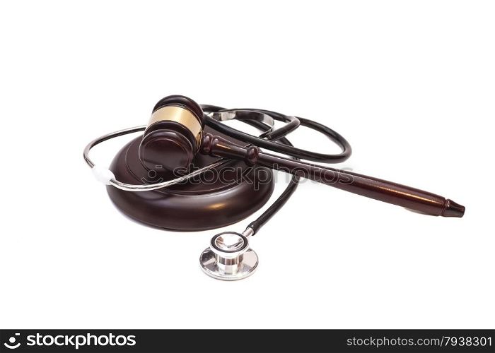 Stethoscope with judge gavel isolated on white
