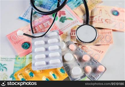 Stethoscope with pills on money isolated. Stethoscope with medicaments on Nicaraguan Cordobas. High cost of medical health with stethoscope