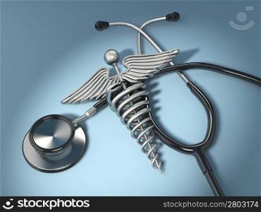 Stethoscope with symbol of medicine, caduceus. 3d