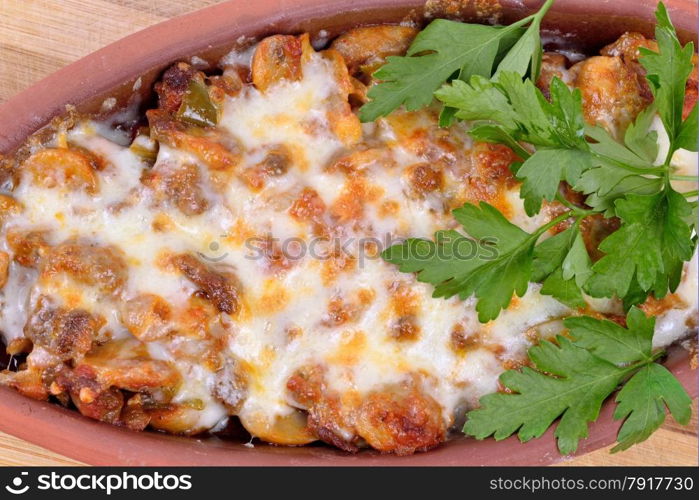 stew cooked by meat, cheddar cheese and mushroom