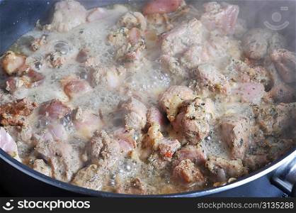 stew meat in the pot close up