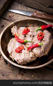 Stew meat with pepper. Baked meat steak in chilli pepper and spices