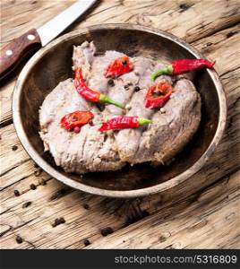Stew meat with pepper. Baked meat steak in chilli pepper and spices