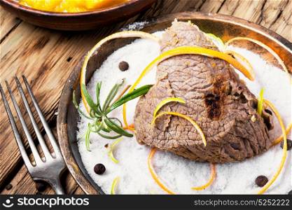 Stew meat with spice. Baked meat steak with pepper and spices