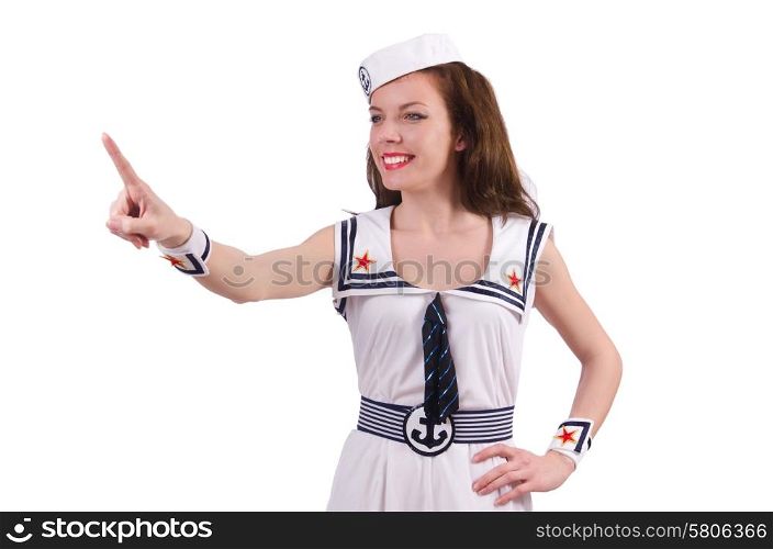 Stewardess pressing virtual buttons in the air