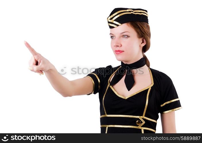 Stewardess pressing virtual buttons in the air