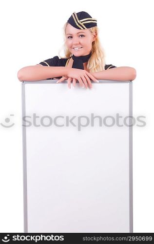 Stewardess with blank board on white
