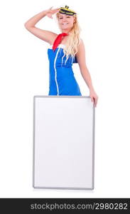 Stewardess with blank board on white