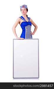 Stewardess with blank board on white