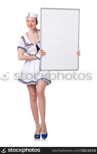 Stewardess with blank board on white