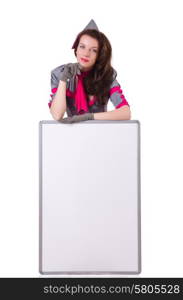 Stewardess with blank board on white