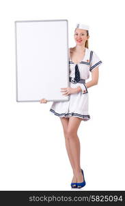 Stewardess with blank board on white