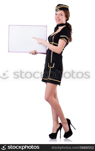 Stewardess with blank board on white