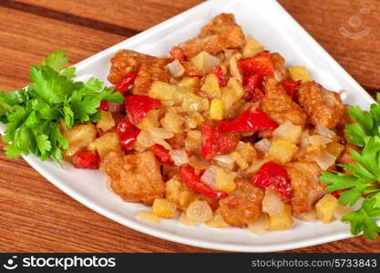 stewed potatoes with tomato, closeup food