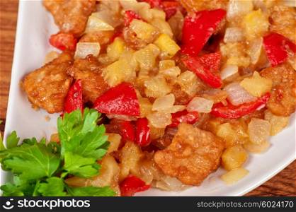 stewed potatoes with tomato, closeup food