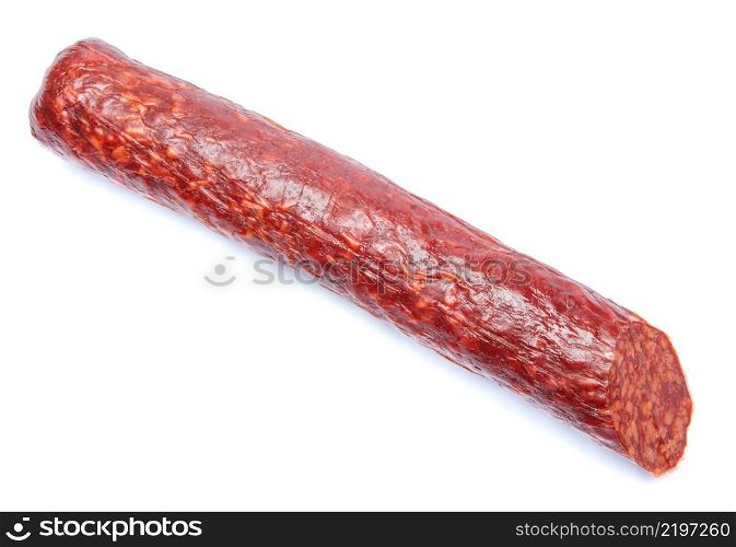Stick cooked smoked sausage isolated on white background. Stick cooked smoked sausage isolated on white