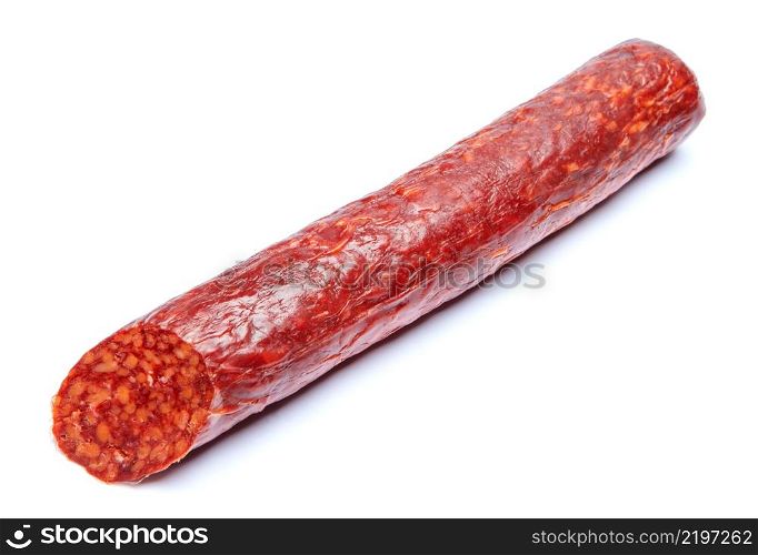 Stick cooked smoked sausage isolated on white background. Stick cooked smoked sausage isolated on white