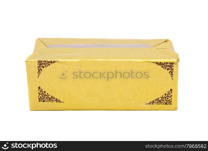 Stick of wrapped butter on white background