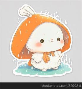 sticker a super cute and happy white fairy rabbit baby wearing a orange sweater and hat. sticker a super cute and happy white fairy rabbit baby wearing a orange sweater and hat AI Generated