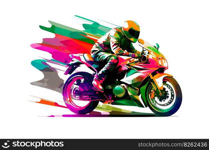 Sticker of Biker on sport motorcycle in watercolor style on white background. Neural network AI generated art. Sticker of Biker on sport motorcycle in watercolor style on white background. Neural network generated art