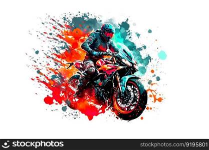 Sticker of Biker on sport motorcycle in watercolor style on white background. Neural network AI generated art. Sticker of Biker on sport motorcycle in watercolor style on white background. Neural network generated art