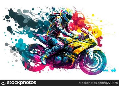 Sticker of Biker on sport motorcycle in watercolor style on white background. Neural network AI generated art. Sticker of Biker on sport motorcycle in watercolor style on white background. Neural network generated art