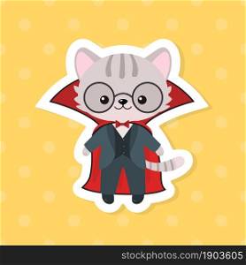 Sticker of cute kawaii cat in cloak for Halloween on yellow background. Cartoon flat style. Vector illustration