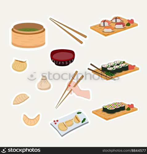 Stickers Asian food. Vector illustration. double boiler, chopsticks, chopsticks in hand, plate, Chinese dumplings, roll set, sushi set. Stickers Asian eat food. Vector illustration. Boiler, chopsticks in hand, dumplings, rolls, sushi