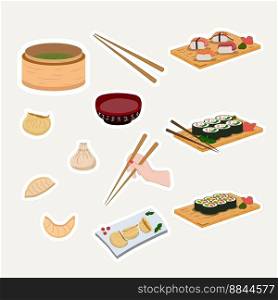 Stickers Asian food. Vector illustration. double boiler, chopsticks, chopsticks in hand, plate, Chinese dumplings, roll set, sushi set. Stickers Asian eat food. Vector illustration. Boiler, chopsticks in hand, dumplings, rolls, sushi